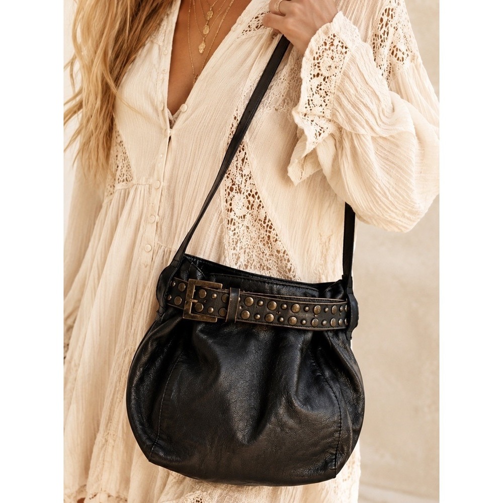 NWT Free People Embellished Studded Leather Bucket Crossbody Bag Black